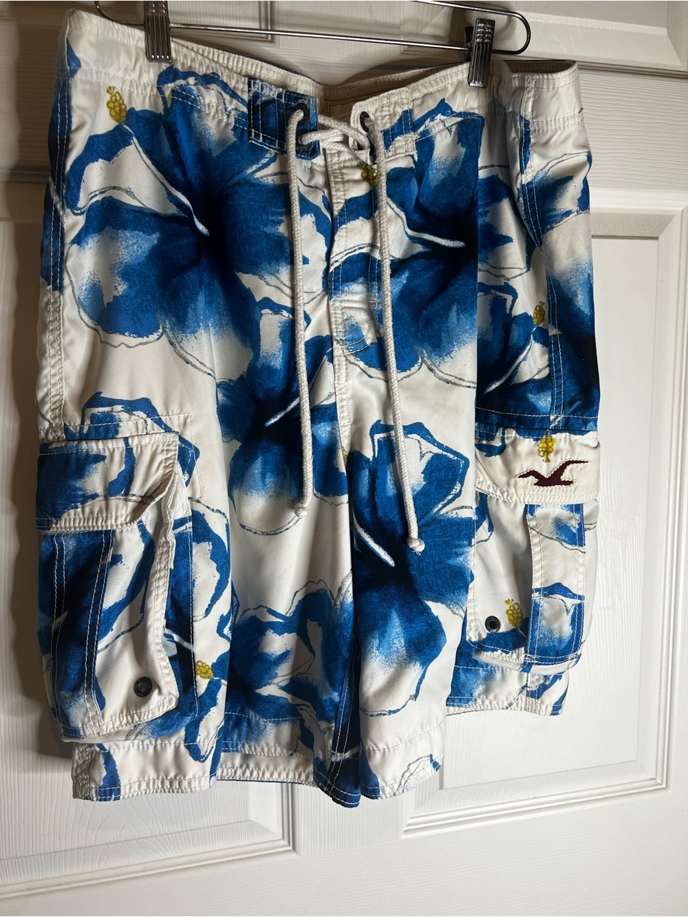 Hollister White Cargo Swim Shorts with Blue Floral Print